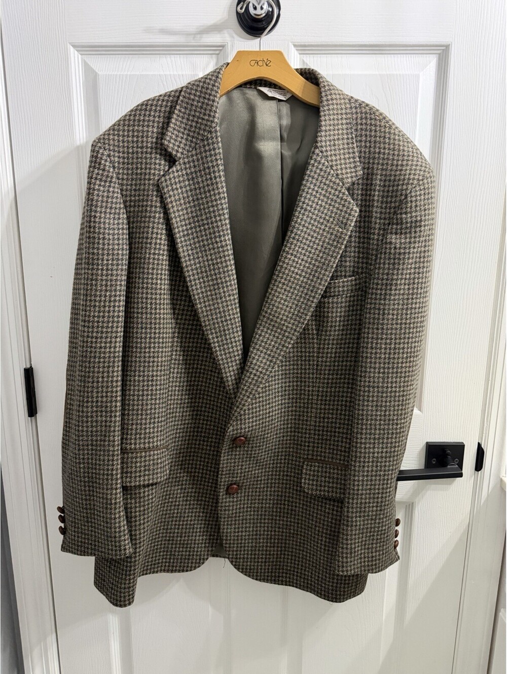 Vintage Mens 46L 100% Wool Houndstooth Blazer USA Leather Buttons Elbow Patches